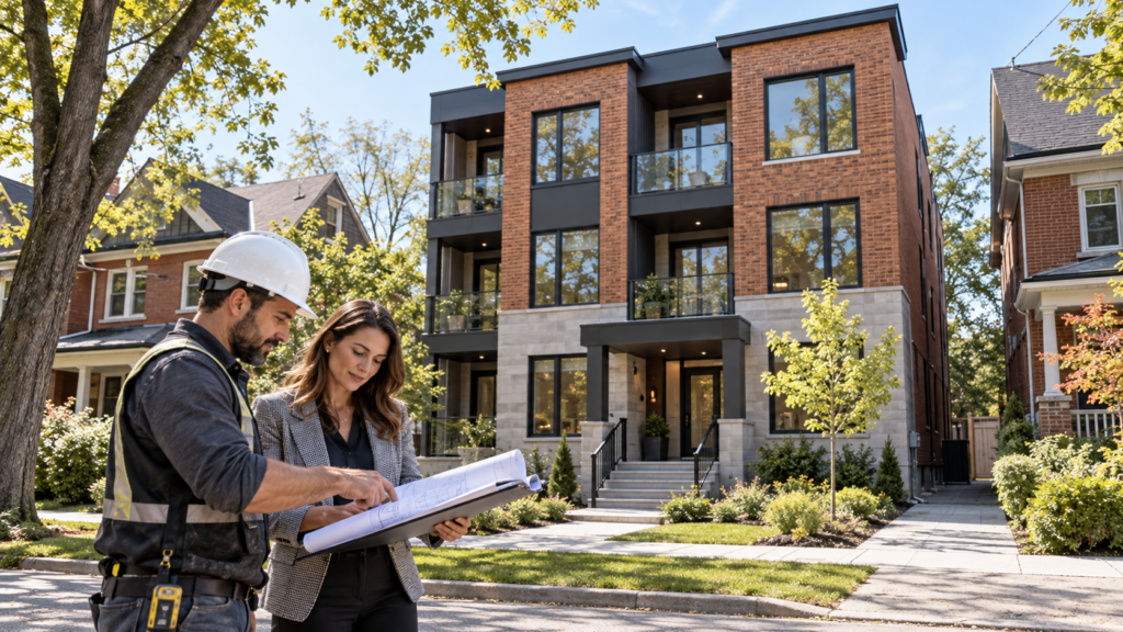 Contractor and architect reviewing Toronto fourplex and sixplex permit plans